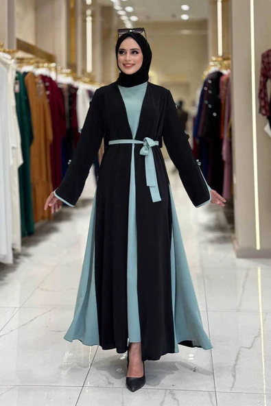 Fiyonk Detaylı Abaya Elbise Takım 3955 Siyah-Mint ürün görseli