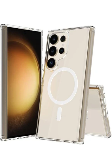 EVAX  (SERT MİKA KILIF) Samsung S24 ULTRA Uyumlu Şeffaf Sert Mika SARARMAZ Magsafe İnce Fit Kılıf