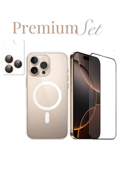 EVAX  (PREMIUM SET) 16 Pro Max Uyumlu Armor Tam Ekran Koruyucu + (IC) MagSafe Kılıf + Armor Lens Koruyucu