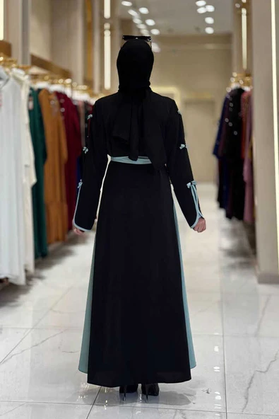 Fiyonk Detaylı Abaya Elbise Takım 3955 Siyah-Mint - Resim 2