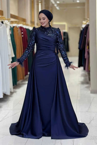 Pul Payet Saten Abiye 7064 Lacivert - Resim 3