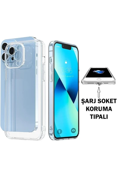 EVAX  (TIPALI ŞEFFAF) Iphone 13 Pro Max Kamera Koruyuculu Şarj Yeri Tıpalı Yumuşak Şeffaf Silikon Kılıf