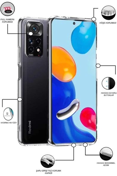 EVAX  (TIPALI ŞEFFAF) Redmi Note 11s Kamera Koruyuculu Şarj Yeri Tıpalı Yumuşak Şeffaf Silikon Kılıf - 2
