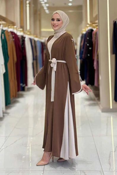 Fiyonk Detaylı Abaya Elbise Takım 3955 Kahverengi - Resim 2