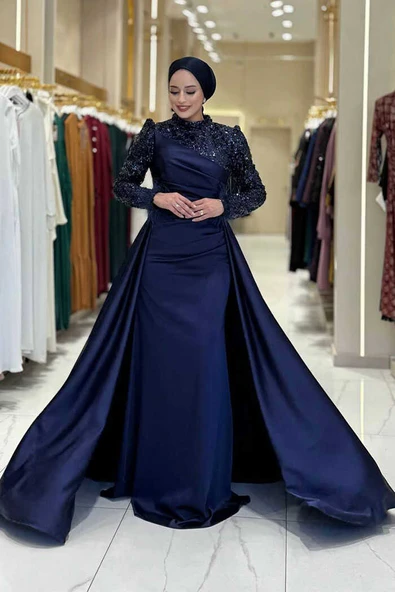 Pul Payet Saten Abiye 7064 Lacivert - Resim 2