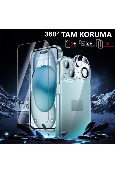 EVAX  (5'i 1 ARADA) iPhone 15 Uyumlu 1 Şeffaf Kılıf + 2 Ekran Koruyucu + 2 Kamera Lens Koruyucu - 2