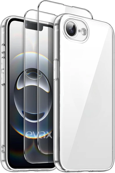 EVAX  (2 CAM 1 KILIF) Iphone 16e (2025) Uyumlu 1 Şeffaf Silikon Kılıf 2 Cam Ekran Koruyucu