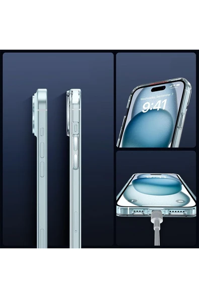 EVAX  (5'i 1 ARADA) iPhone 15 Uyumlu 1 Şeffaf Kılıf + 2 Ekran Koruyucu + 2 Kamera Lens Koruyucu - 3