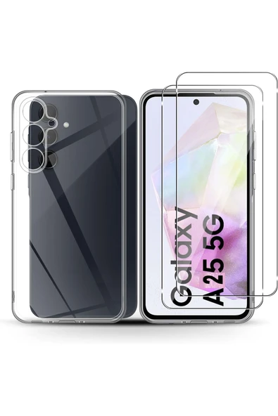 EVAX  (2 CAM + 1 KILIF) Samsung Garaxy A25 Uyumlu 1 Şeffaf Silikon Kılıf + 2 Cam Ekran Koruyucu