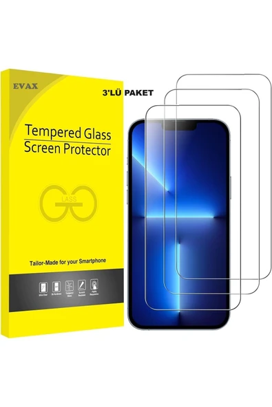 EVAX  3'lü Paket iPhone 13 Pro Uyumlu Temperli HD+ Cam Ekran Koruyucu (3'lü Paket)