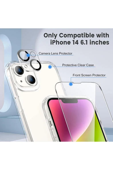 EVAX  (ŞEF+CAM+LENS) iPhone 14 Uyumlu 1 Şeffaf Kılıf + 1 Ekran Koruyucu + 1 Kamera Lens Koruyucu - 2