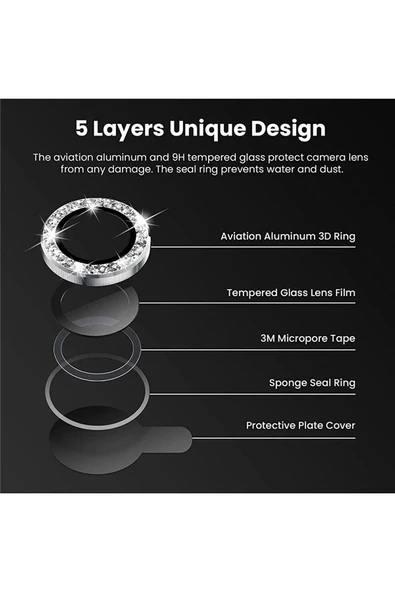 EVAX  (TAŞLI LENS KORUYUCU) Iphone 11 / 12 / 12 Mini Uyumlu Taşlı Metal Çerçeveli Kamera Lensi Koruyucu - 2
