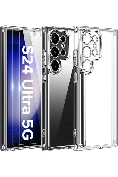 EVAX  (2 CAM + 1 KILIF) Samsung Garaxy S24 ULTRA Uyumlu 1 Şeffaf Silikon Kılıf + 2 Cam Ekran Koruyucu