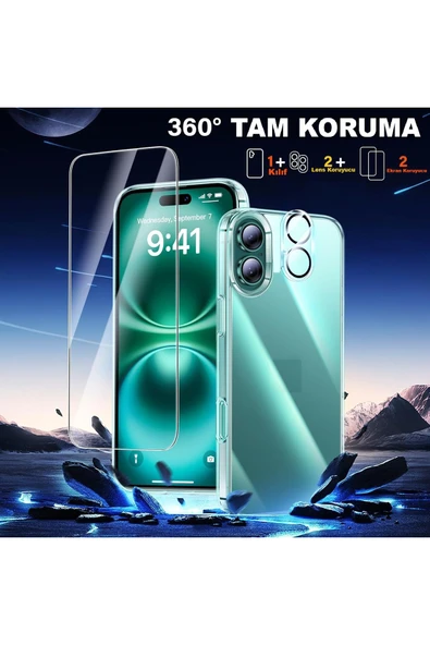 EVAX  (5'i 1 ARADA) iPhone 16 Plus Uyumlu 1 Şeffaf Kılıf + 2 Ekran Koruyucu + 2 Kamera Lens Koruyucu - 2