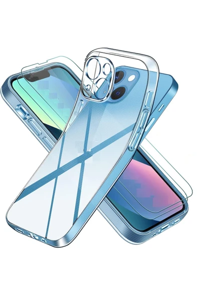 EVAX  (2 CAM 1 KILIF) Iphone 13 Uyumlu 1 Şeffaf Silikon Kılıf 2 Cam Ekran Koruyucu