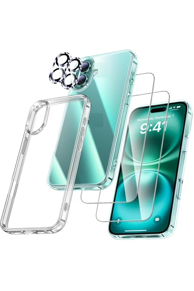 EVAX  (5'i 1 ARADA) iPhone 16 Plus Uyumlu 1 Şeffaf Kılıf + 2 Ekran Koruyucu + 2 Kamera Lens Koruyucu