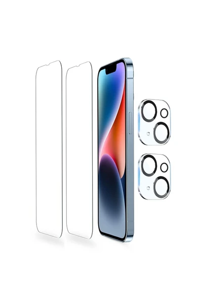 EVAX  (2 CAM + 2 LENS) iPhone 14 Uyumlu 2 Adet Ekran Koruyucu ve 2 Adet Kamera Lens Koruyucu