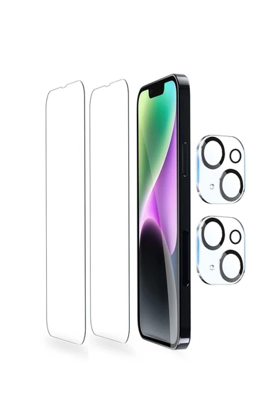 EVAX  (2 CAM + 2 LENS) iPhone 14 Plus Uyumlu 2 Adet Ekran Koruyucu ve 2 Adet Kamera Lens Koruyucu