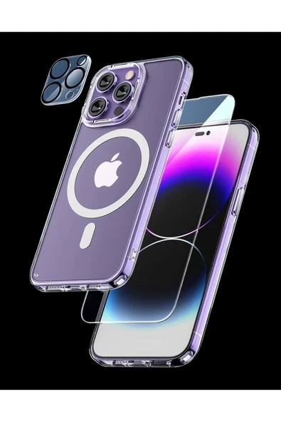 EVAX  (3'ü 1 ARADA) iPhone 14 Pro Uyumlu 1 MagSafe Kılıf + 1 Ekran Koruyucu + 1 Kamera Lens Koruyucu
