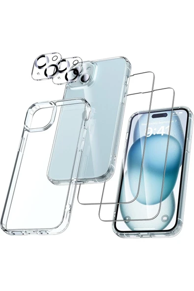 EVAX  (5'i 1 ARADA) iPhone 15 Uyumlu 1 Şeffaf Kılıf + 2 Ekran Koruyucu + 2 Kamera Lens Koruyucu