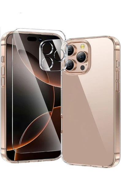 EVAX  (ŞEF+CAM+LENS) iPhone 16 Pro Uyumlu 1 Şeffaf Kılıf + 1 Ekran Koruyucu + 1 Kamera Lens Koruyucu