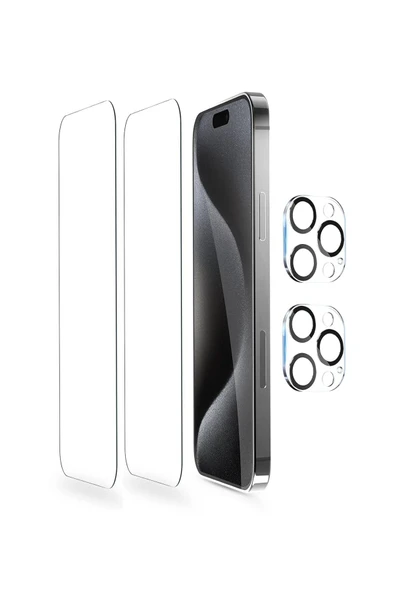 EVAX  (2 CAM + 2 LENS) iPhone 15 Pro Uyumlu 2 Adet Ekran Koruyucu ve 2 Adet Kamera Lens Koruyucu - 2