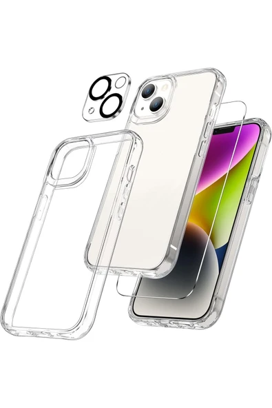 EVAX  (ŞEF+CAM+LENS) iPhone 14 Uyumlu 1 Şeffaf Kılıf + 1 Ekran Koruyucu + 1 Kamera Lens Koruyucu