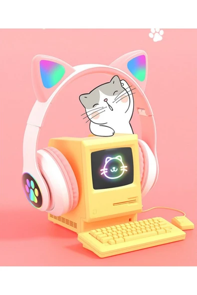 EVAX  CAT Kedili Bluetooth 5.0 Işıklı Kablosuz Mikrofonlu/Aux/Hafıza Kartı/Kılıf/ Kulaküstü Kulaklık - 6