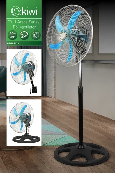 Kiwi 7473 3'ü 1 Arada Duvar Tipi ,stand Ve Masa Üstü Sağa-sola Aşşağı Yukarı Salınımlı Metal Vantilatör ürün görseli