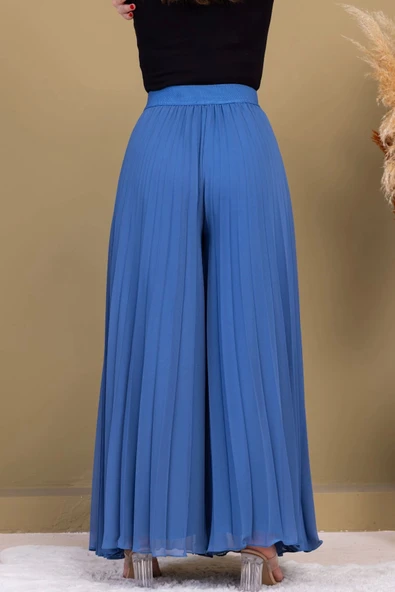 Beli Lastikli Pliseli Şifon Pantolon 6030-İndigo - 7
