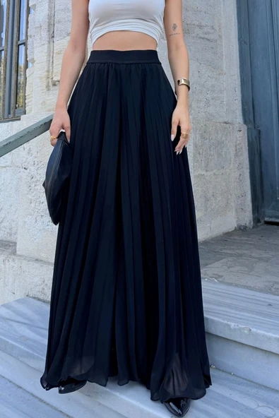Beli Lastikli Pliseli Şifon Pantolon 6030-Siyah - Resim 5