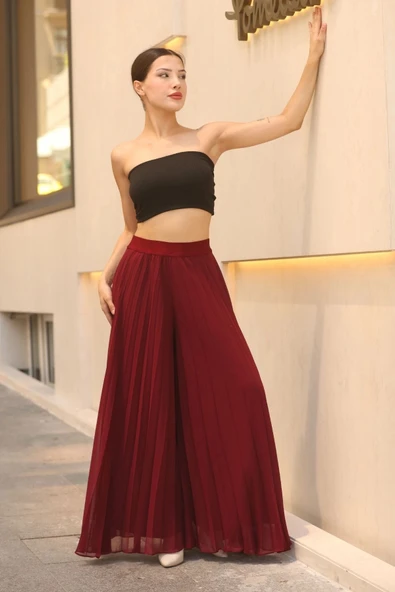 Beli Lastikli Pliseli Şifon Pantolon 6030-Bordo - 2