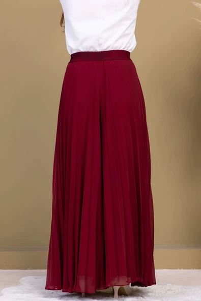 Beli Lastikli Pliseli Şifon Pantolon 6030-Bordo - 6