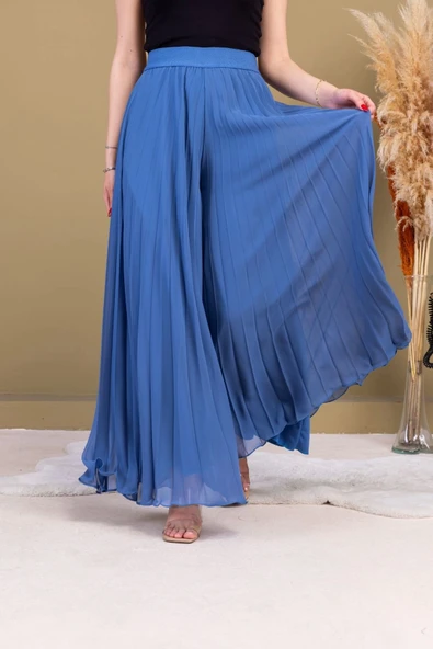 Beli Lastikli Pliseli Şifon Pantolon 6030-İndigo - 2