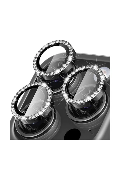 EVAX (TAŞLI LENS) Iphone 16 Pro Max / 16 Pro Uyumlu Siyah Titanyum Taşlı Kamera Lens Koruyucu