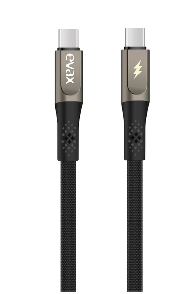 EVAX 60W TYPE-C to TYPE-C Siyah Hasır Yassı Şarj ve Data Kablosu
