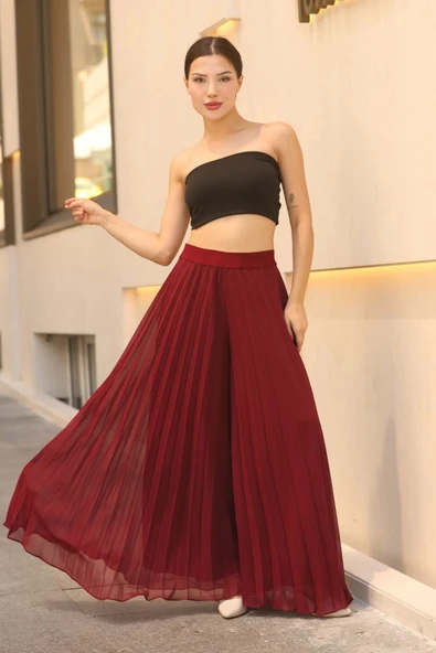 Beli Lastikli Pliseli Şifon Pantolon 6030-Bordo - 4