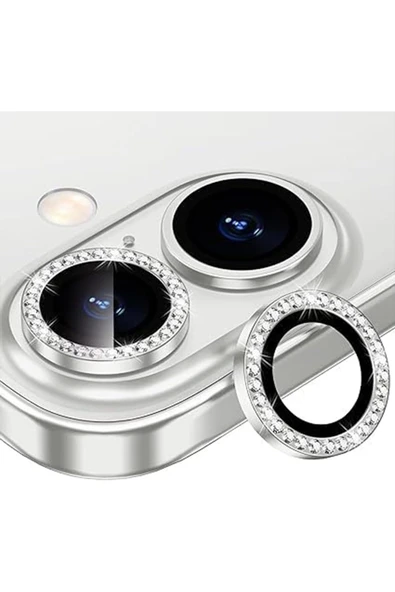 EVAX  (TAŞLI LENS) Iphone 16 / 16 Plus Uyumlu Taşlı Beyaz Kamera Lens Koruyucu
