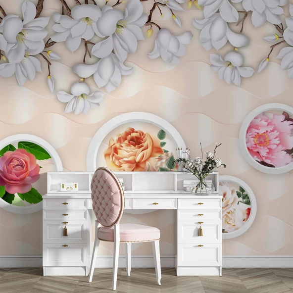 3D Halka ve Pembe Çiçek Duvar Kağıdı Baskı - Resim 4