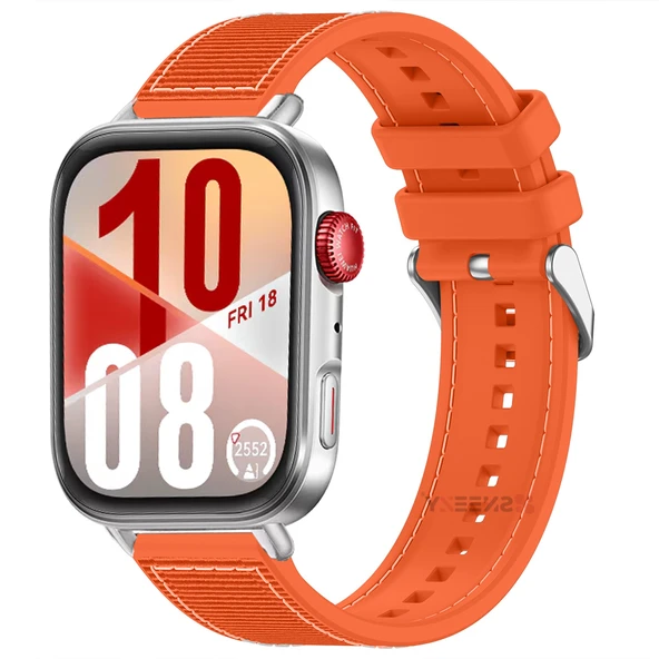 Huawei Watch Fit 4 Fit 4 Pro İle Uyumlu Dikiş Desenli Metal Tokalı Dokuma Silikon Kordon  Turuncu