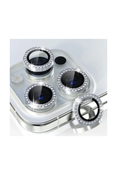 EVAX  (TAŞLI LENS) Iphone 16 Pro Max / 16 Pro Uyumlu Beyaz Titanyum Taşlı Kamera Lens Koruyucu