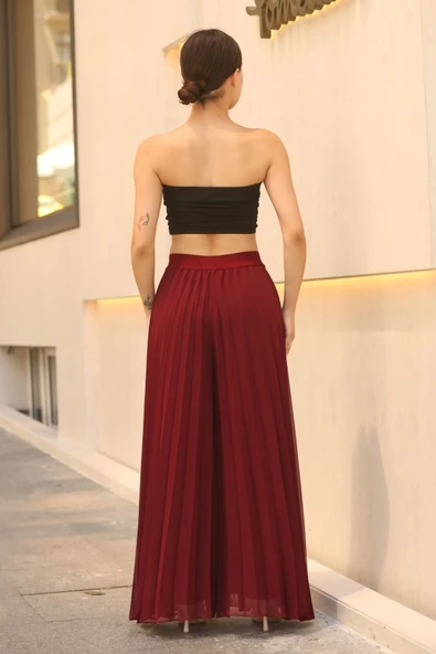 Beli Lastikli Pliseli Şifon Pantolon 6030-Bordo - 5