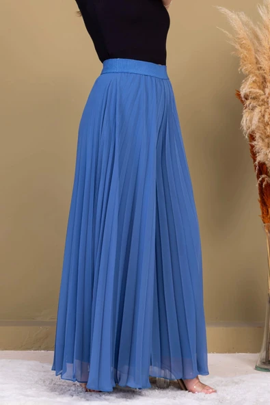 Beli Lastikli Pliseli Şifon Pantolon 6030-İndigo - 6
