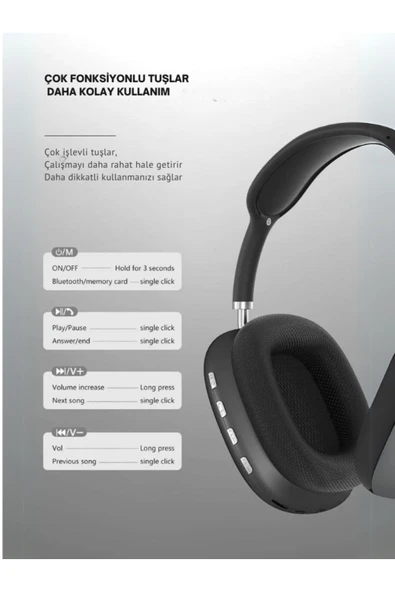 EVAX  Kılıflı P9 Max Bluetooth 5.0 Wireless Kablosuz Mikrofonlu/Aux/Hafıza Kartı/Kılıf/ Kulaküstü Kulaklık - 4