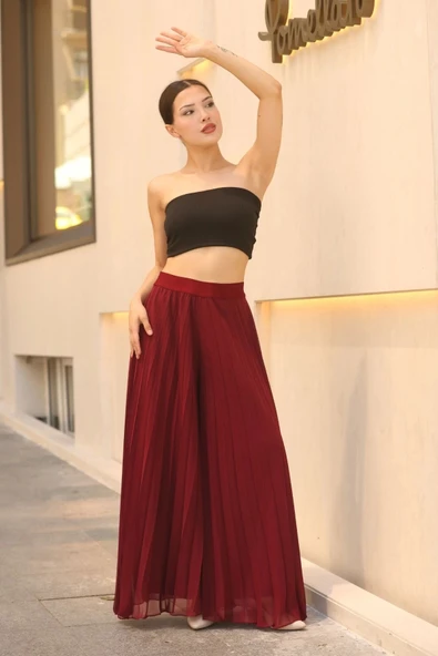 Beli Lastikli Pliseli Şifon Pantolon 6030-Bordo - 3
