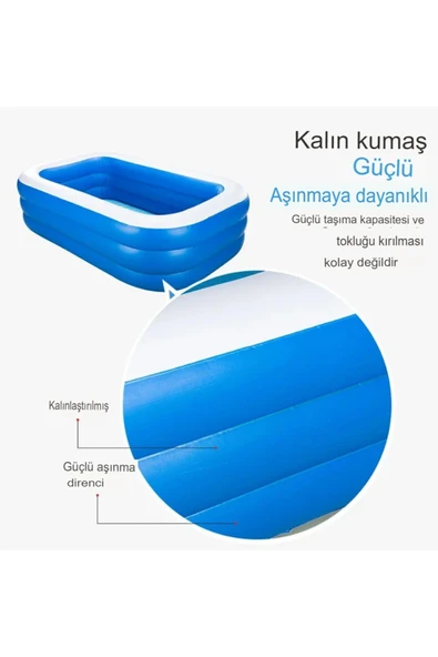 Şişme Aile Havuzu 200x146x48 cm 452 Litre Su Kapasiteli UV Dayanıklı PVC Mavi Dikdörtgen Havuz - 7