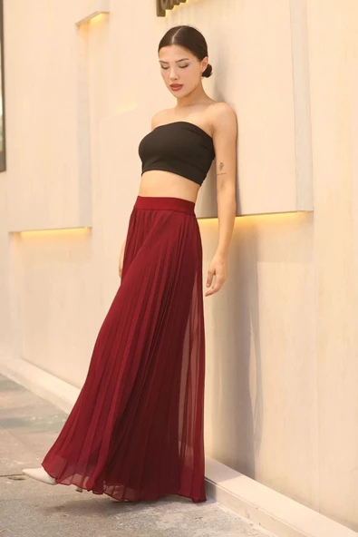 Beli Lastikli Pliseli Şifon Pantolon 6030-Bordo