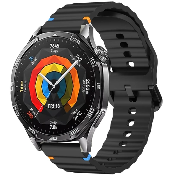 Huawei Watch GT2 46 GT2 Pro 46 İle Uyumlu Dalga Desenli Tokalı Yumusaş Soft Silikon Kordon  Siyah