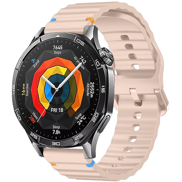 Huawei Watch GT3 46mm GT3 Pro 46mm GT3 Se Uyumlu Dalga Desenli Tokalı Yumusaş Soft Silikon Kordon  Pudra