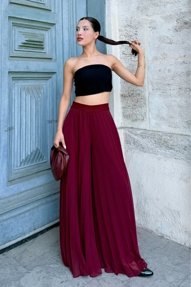 Beli Lastikli Pliseli Şifon Pantolon 6030-Bordo - 5